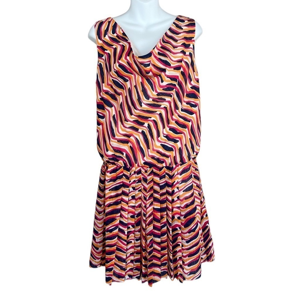 DKNY Wave Print Cowl Neck Sleeveless Pleated Dress NWT Size 10